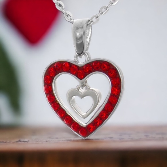 Sterling Silver Valentine Heart Charm Necklace with Red CZ - Picture 3 of 8